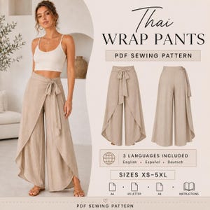 Peut inclure: Un patron de couture PDF pour pantalon portefeuille thaïlandais en tailles XS-5XL. L'image montre le pantalon beige clair, avec une taille haute, un lien à nouer sur le devant et des jambes larges. Texte inclus : Thai WRAP PANTS, PDF SEWING PATTERN.