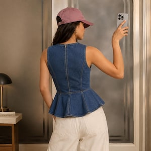 May include: A sleeveless blue denim peplum top with a back zipper closure, paired with a dusty rose baseball cap and white trousers. The top features a fitted bodice that flares at the waist, showcasing visible stitching details throughout the fabric.