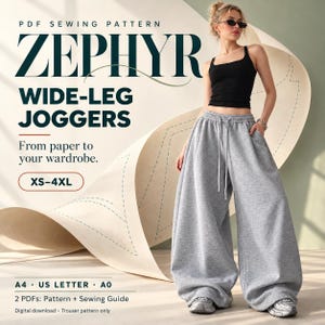 Puede incluir: Un patrón de costura en PDF para pantalones de jogging anchos Zephyr, disponible en tallas XS-4XL. La descarga digital incluye un patrón y una guía de costura en formatos A4, US Letter y A0. La imagen muestra el texto y los pantalones grises.