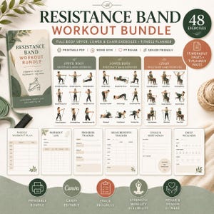 Peut inclure: Un ensemble d'exercices avec bandes de résistance comprenant un guide PDF imprimable de 48 exercices pour le haut du corps, le bas du corps et sur chaise. Inclut un planificateur de fitness avec suivi des progrès et bien-être quotidien.
