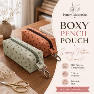 May include: Two boxy pencil pouches, one in sage green and one in terracotta, both featuring a small dark floral pattern, a top zipper closure, and a metal lobster clasp attached to a side tab. Text reads Pattern MasterOne BOXY PENCIL POUCH.