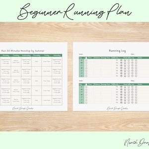 Puede incluir: Un plan de carrera para principiantes con un diseño verde y blanco. El plan incluye un programa de 5 semanas para correr 30 minutos sin parar, con un registro de carrera. El texto "Beginner Running Plan" está en la parte superior.