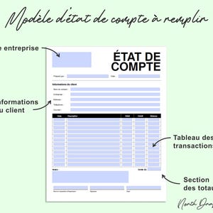 May include: A printable document titled "Model Statement of Account to Fill Out" in French. The document includes sections for company information, client details, a transaction table, and a totals section. The document is on a light green background.