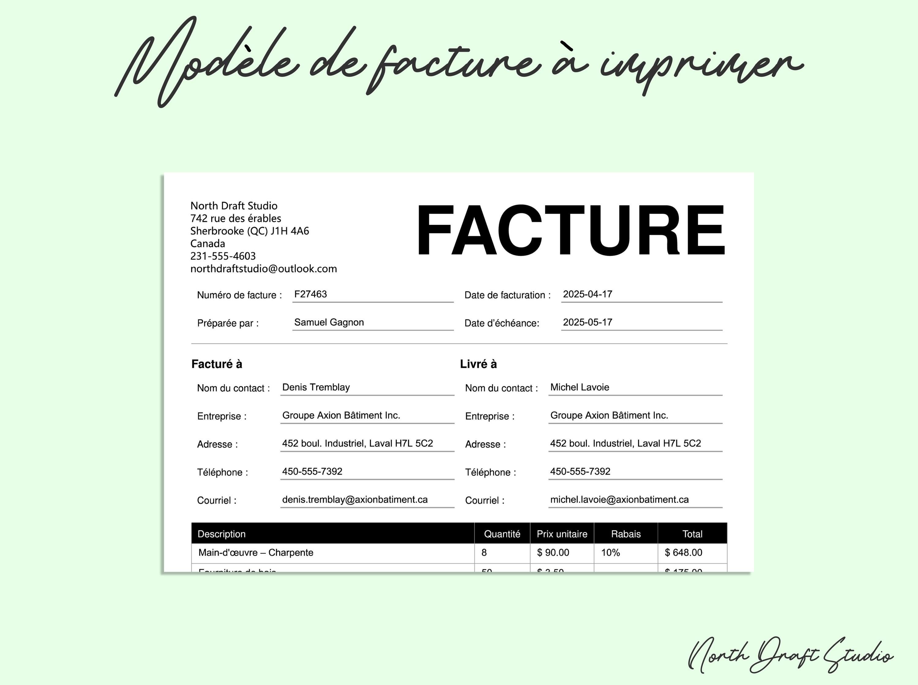 Quebec Invoice Facture Québec Modèle Facture PDF Remplissable Feuille Excel Invoice ...