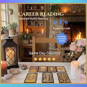 Könnte beinhalten: Ein Bild, das einen Karriere-Leseservice bewirbt. Die Szene zeigt Tarotkarten, Kerzen und den Text "CAREER READING Detailed Audio Reading". Eine gemütliche Umgebung mit Kamin und Holzmöbeln ist zu sehen.