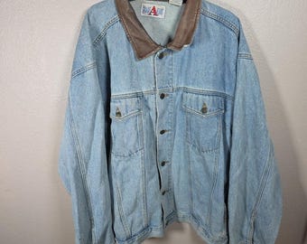 VINTAGE Grade A Jeans Denim Jacket Men Big 4X Leather Collar Distressed