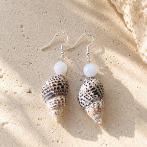 Pode incluir: Um par de brincos pendentes com conchas naturais em espiral com padrões sarapintados em castanho e preto. Cada concha é rematada com uma conta redonda azul-clara e presa a um gancho de metal prateado para orelhas furadas.