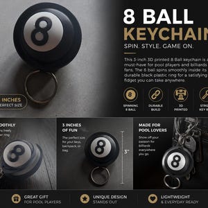 3D Printed Spinning 8 Ball Keychain – Pool Lover Fidget Charm