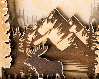Layered Moose Shadow Box | Rustic Mountain Wall Decor | Wooden Moose Art | Cabin Decor | Lodge Gift | New Hampshire Woodland Scene
