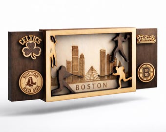 3D Layered Boston Sports Skyline Wood Art, Celtics, Red Sox, Bruins, Patriots Tribute