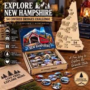 May include: A wooden New Hampshire 54 covered bridges challenge set featuring a state-shaped board with numbered slots, a storage box with a colourful bridge illustration, and circular photo tokens depicting various covered bridges in the state.