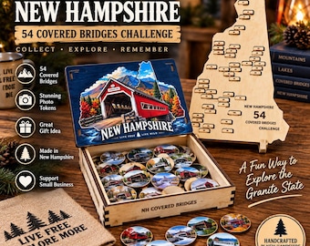 New Hampshire 54 Covered Bridges Challenge | NH Covered Bridge Tracker | Wooden Travel Adventure Map | New Hampshire Gift