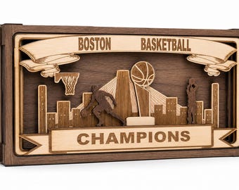3D Layered Boston Sports Skyline Wood Art, Boston Celtics Tribute, Boston Champions, Basketball