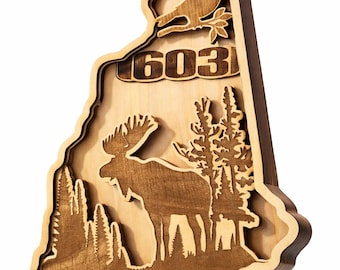 Layered Wood New Hampshire Sign, Moose Finch 603 Decor, Rustic Cabin Art