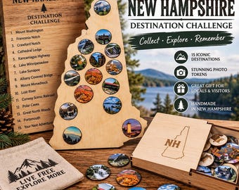 New Hampshire Travel Challenge Map | 15 NH Destinations | Wooden Adventure Tracker | NH Bucket List Gift