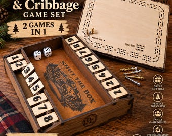 Shut the Box & Cribbage Game Set | Handmade Wooden 2-in-1 Game | Personalized Family Game Night Gift | Custom Game Box