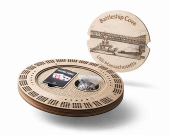 Round Wooden Cribbage Board with Storage – Custom Engraved Battleship Cove Game