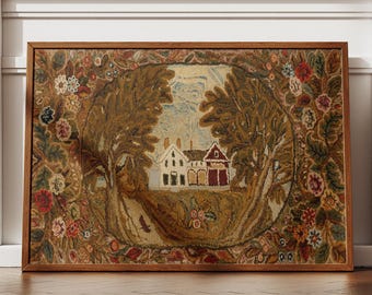 Lucy Trask Barnard Primitiver Hooked Teppichdruck, Vintage Volkskunst Bauernhaus-Wanddekoration, Americana Textile Art