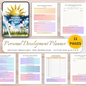 Puede incluir: Un planificador de desarrollo personal digital con 11 páginas. La portada presenta un sol de acuarela y el texto "Personal Development Planner". Otras páginas incluyen plantillas de establecimiento de objetivos, seguimiento de hábitos y gestión del tiempo.