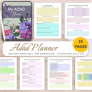 May include: An ADHD planner with a floral design on the cover, featuring the text "My ADHD Planner." The planner includes various pages for task management, self-care, and reflection. The text "Adhd Planner" is also visible. The planner is 8.5 x 11 inches.