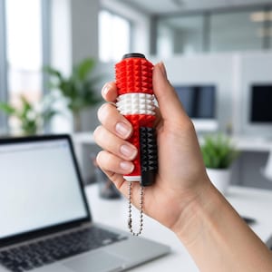 Puede incluir: Una herramienta sensorial de mano con un cuerpo cilíndrico y una superficie texturizada con puntas. El dispositivo está compuesto por segmentos apilados en rojo, blanco y negro e incluye una pequeña cadena de bolas de metal en la base.