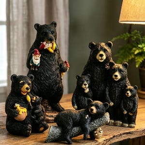 Black Bear Resin Figurine Set, Woodland Forest Animal Decor, Hand-Painted Rustic Charm