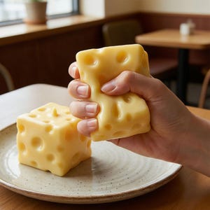 May include: A hand squeezes a yellow, Swiss cheese-shaped stress ball, with another cube-shaped stress ball on a plate. The stress ball has several round holes, mimicking the appearance of Swiss cheese. The background is a restaurant setting.