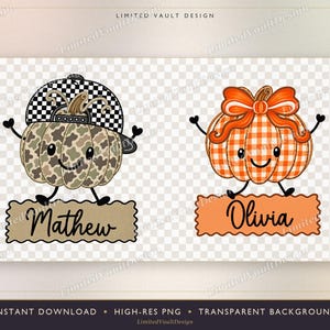 PNG de calabaza con nombre personalizado, diseño de sublimación de otoño para niño y niña, PNG de camiseta infantil de cuadros vichy de camuflaje, paquete DTF de huerto de calabazas