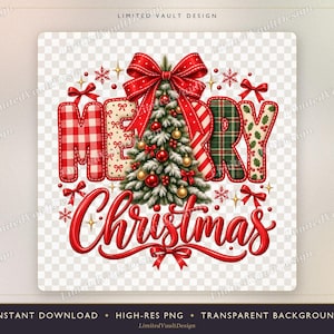 May include: A digital graphic featuring the text Merry Christmas with a central pine tree decorated with red and gold ornaments. The word Merry is composed of patterned letters in red and green, topped with a large red bow. The word Christmas is in red script.