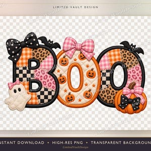 May include: The word BOO rendered in a patchwork style with black, orange, and pink patterns. The letters feature a black polka dot bow, a pink gingham bow, a small white ghost, a pumpkin, and black bat silhouettes.