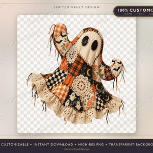 Patchwork Ghost PNG, Faux Quilt Halloween Sublimation Design, Cottagecore Ghost DTF, Vintage Lace Fall Clipart, Cute Spooky Bats