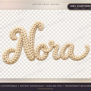 Könnte beinhalten: Eine digitale Grafik des Namens Nora in einer beigen, grob gestrickten Garntextur. Die Buchstaben sind in einem kursiven Schreibstil verbunden und weisen ein geflochtenes Aussehen auf, das dickes Wollgarn auf transparentem Grund imitiert.