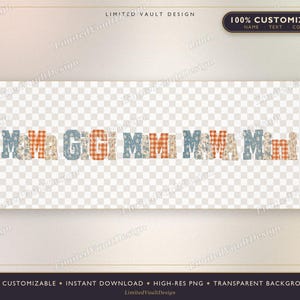Peut inclure: Un design graphique numérique présentant les mots MAMA, GIGI, MIMI, MAMA et MINI dans une police en bloc. Chaque lettre affiche un motif répétitif de fleurs bleues, de vichy orange et de fleurs beiges. Le texte est sur un fond transparent.