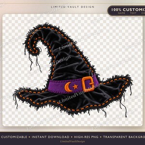 Puede incluir: Un sombrero de bruja negro con borde deshilachado y costuras naranjas. Presenta una banda morada con una hebilla naranja, una luna creciente y una estrella. El texto superior dice LIMITED VAULT DESIGN y 100% CUSTOMIZABLE NAME TEXT COLORS.