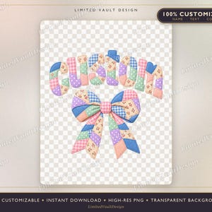 Nome personalizzato patchwork PNG, design fiocco civettuolo finto trapuntato, maglietta personalizzata per sublimazione PNG, lettere college cottagecore DTF