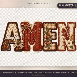 Könnte beinhalten: Das Wort AMEN in großen, dekorativen Buchstaben mit einer strukturierten, stoffartigen Optik. Jeder Buchstabe weist unterschiedliche Muster auf, darunter braune Blumenprints, orangefarbene Zopfstrickmuster, beiges Vichy-Karo und cremefarbener Zopfstrick mit Herbstblättern.