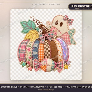 Patchwork Pumpkin Ghost PNG, Coquette Halloween Sublimation, Faux Fabric Applique Design, Preppy Fall DTF, Girly Bow Ghost Clipart