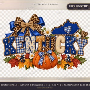 Peut inclure: Un graphique numérique affichant le mot KENTUCKY avec des motifs variés d'étoiles bleues, de vichy bleu, de pois beiges et d'imprimé léopard. Il comprend un grand nœud léopard, une citrouille avec un nœud vichy bleu et des feuilles d'automne.