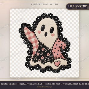 Op de afbeelding: Een spookillustratie met een crèmekleurig lichaam, zwarte ovale ogen en roze wangen. Het spook is versierd met patronen van rood-witte ruitjes, zwarte bloemenstof en roze stippen, omlijnd door een zwarte rand van geschulpte kanten afwerking.
