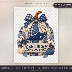 Kentucky Pumpkin PNG, Blue Patchwork Quilted Fall Sublimation, Home Sweet Home Kentucky Farmhouse Design, Gingham Bow Cotton DTF