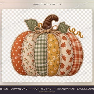 Peut inclure: Une illustration de citrouille décorative composée de segments en tissu patchwork aux tons orange, vert et jaune. Les sections présentent des motifs à pois, vichy, floraux et des feuilles d'automne. Une tige brune et des feuilles en tissu ornent le sommet.