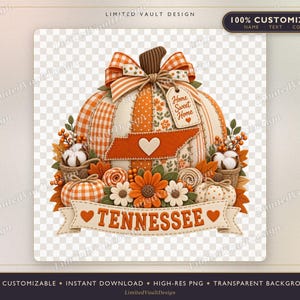 Peut inclure: Un graphique de citrouille décorative avec des motifs en tissu à carreaux et floraux orange et blanc, une silhouette de l'État du Tennessee avec un cœur, une étiquette Home Sweet Home, du coton, des tournesols et une bannière TENNESSEE.
