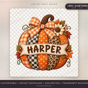 Peut inclure: Un graphique de citrouille décorative avec des segments alternés à carreaux orange, damier noir et blanc, pois orange et imprimé léopard. Une bannière crème au centre affiche le nom HARPER en lettres marron.