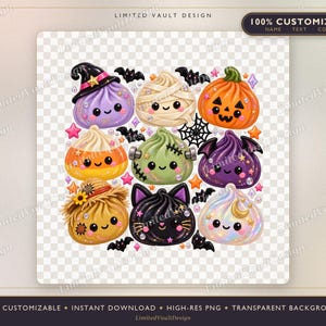 May include: A digital illustration featuring eight cute, round Halloween-themed characters including a purple witch, a mummy, a jack-o'-lantern, a candy corn, a green monster, a purple bat, a scarecrow, and a black cat, accented with small bats and stars.