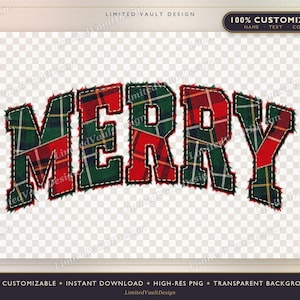 May include: The word MERRY is written in a varsity-style font with a red, green, and yellow plaid pattern. Each letter features a dark stitched border, giving the appearance of fabric appliqué. The design is set against a transparent background.