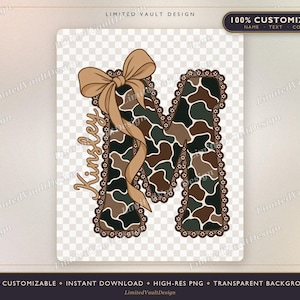 May include: A digital graphic featuring the letter M with a camouflage pattern in shades of brown, black, and green. The letter is outlined with a brown lace border and adorned with a large tan bow. The name Kinsley is written in cursive.