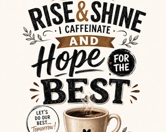 Puede incluir: Un estampado gráfico con el texto RISE & SHINE I CAFFEINATE AND HOPE FOR THE BEST, y un círculo más pequeño con LET'S DO OUR BEST... Tomorrow! Una taza de café beige con un corazón negro se sitúa debajo, rodeada de granos de café dispersos.