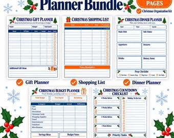 Puede incluir: Un paquete de planificadores navideños digitales con cinco páginas imprimibles: lista de regalos, lista de compras, planificador de cenas, presupuesto y lista de cuenta regresiva. Cada página incluye tablas organizadas, casillas de verificación y gráficos festivos de acebo y copos de nieve.