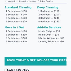May include: A teal and white graphic with the text "SPARKLE CLEAN Professional Cleaning Services." The image lists cleaning service options for various room sizes, including standard, deep, and move-in/out cleaning, plus add-on services.