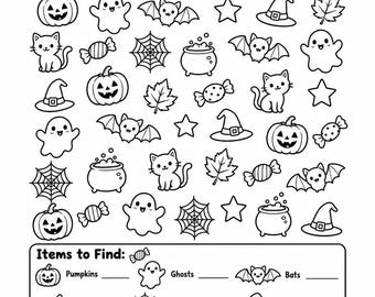 Puede incluir: Una hoja de actividades de Halloween I-SPY FUN en blanco y negro con ilustraciones de líneas de calabazas, fantasmas, murciélagos, estrellas, sombreros de bruja, hojas, gatos, telarañas y dulces. Incluye una sección titulada Items to Find.